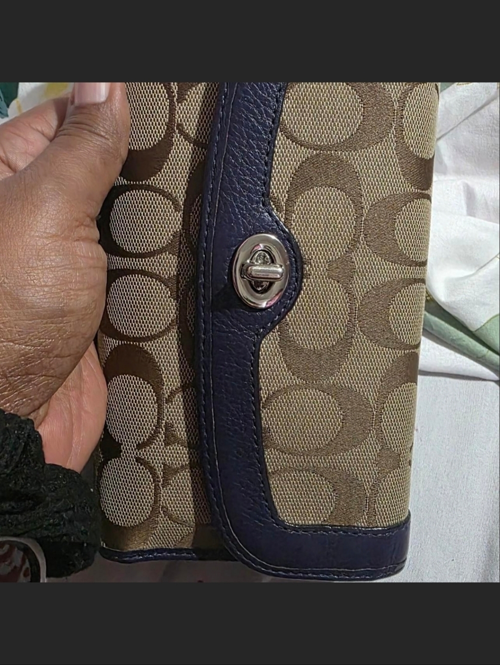 Coach Signature Canvas Wallet with Navy Leather Trim
